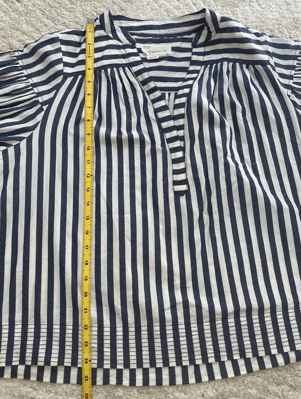 Anthropologie 100% Cotton Navy and White Striped Puff-Sleeve Blouse Size 1X